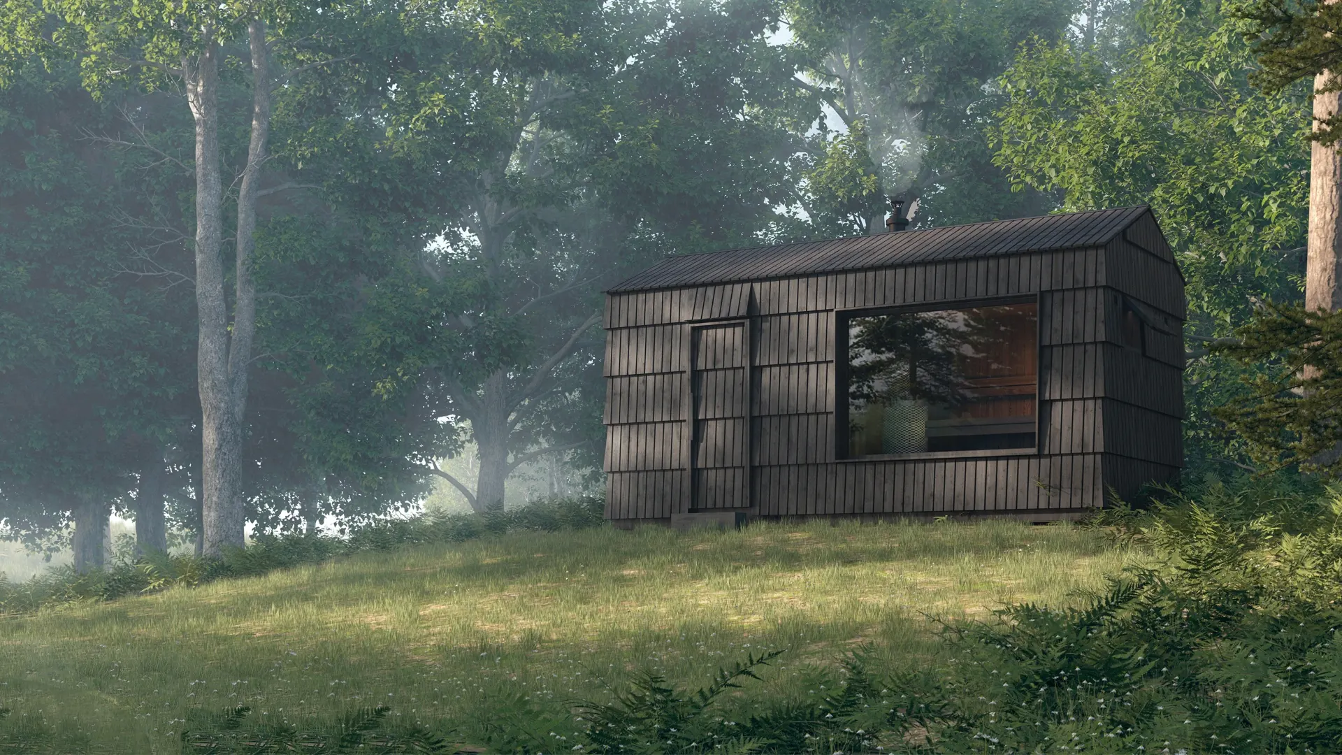 Steam Spirit hempcrete sauna in a misty forest clearing
